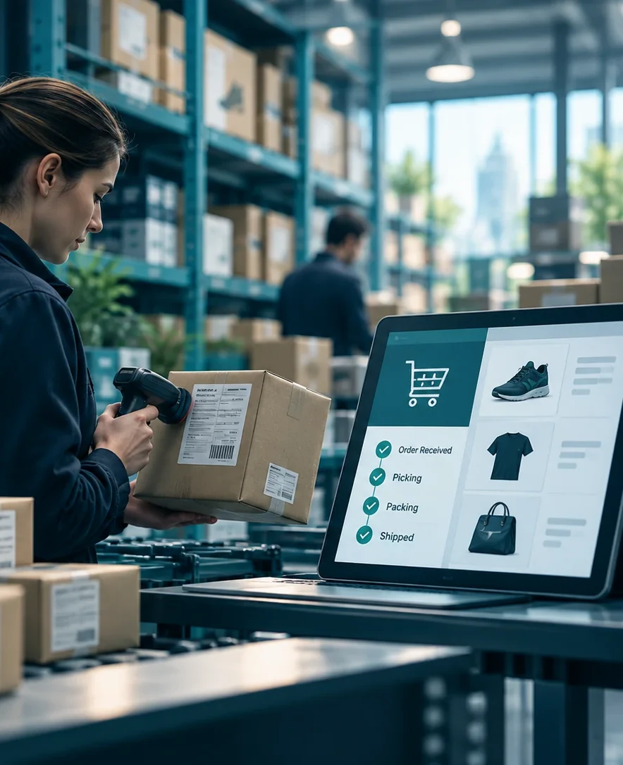 Illustrative e-commerce worker scanning parcels in a fulfilment centre; cropped without embedded text