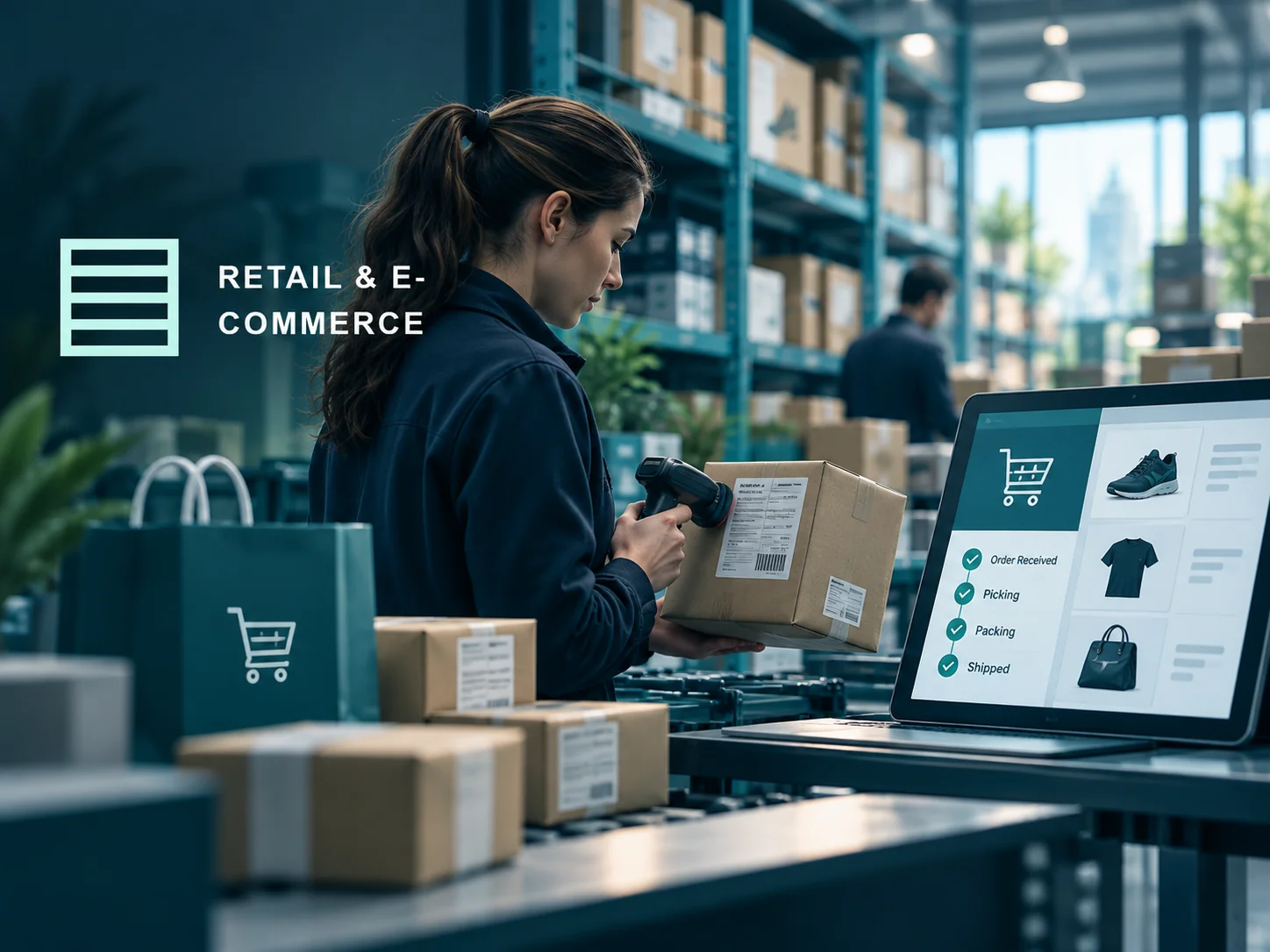 AI-generated illustrative image of e-commerce fulfilment operations